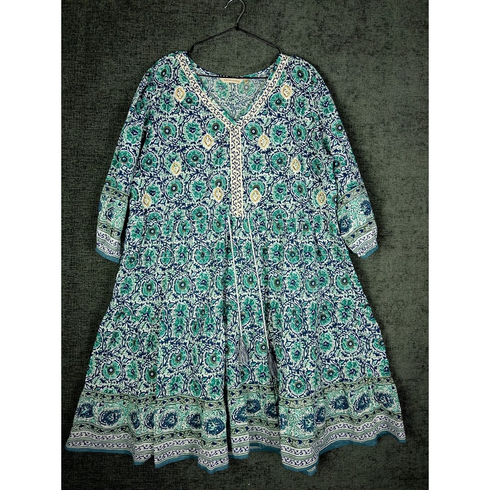 Soft Surroundings Tiered Swing Dress Womens 1X Teal Navy Floral Block Print Cott